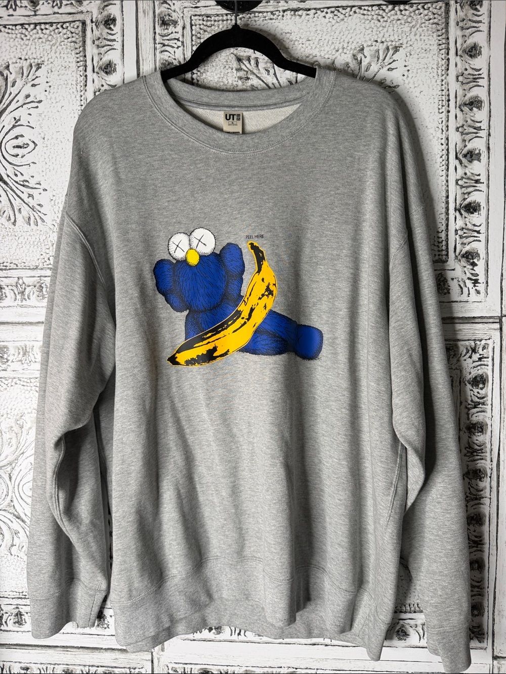 Uniqlo Gray Crewneck Sweatshirt with Blue Bear and Yellow Banana Graphic